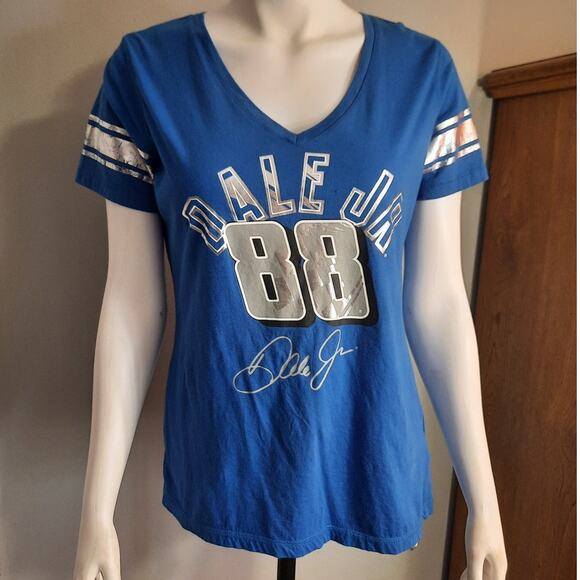 NASCAR Dale Earnhardt Jr 88 Cobalt Blue V Neck sz Large Metallic Graphic Tee - Picture 1 of 9